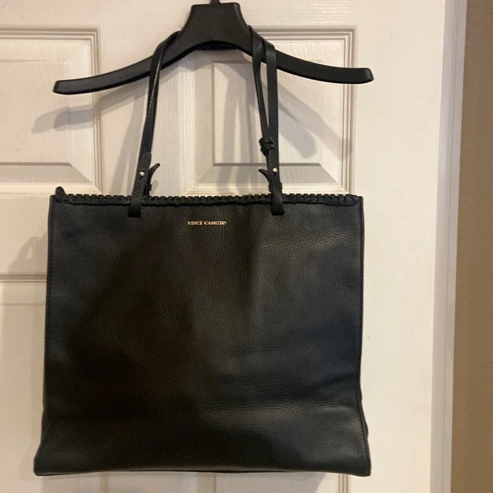 BLACK leather Vince Camino purse handbag woven design top and fringe accent